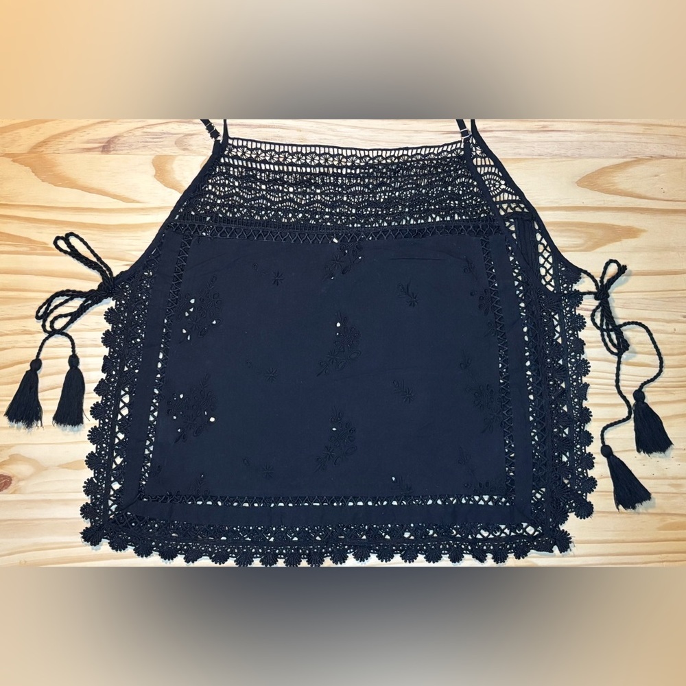 Free People Black Lace Trim Women's Spaghetti String Top - Picture 2 of 8